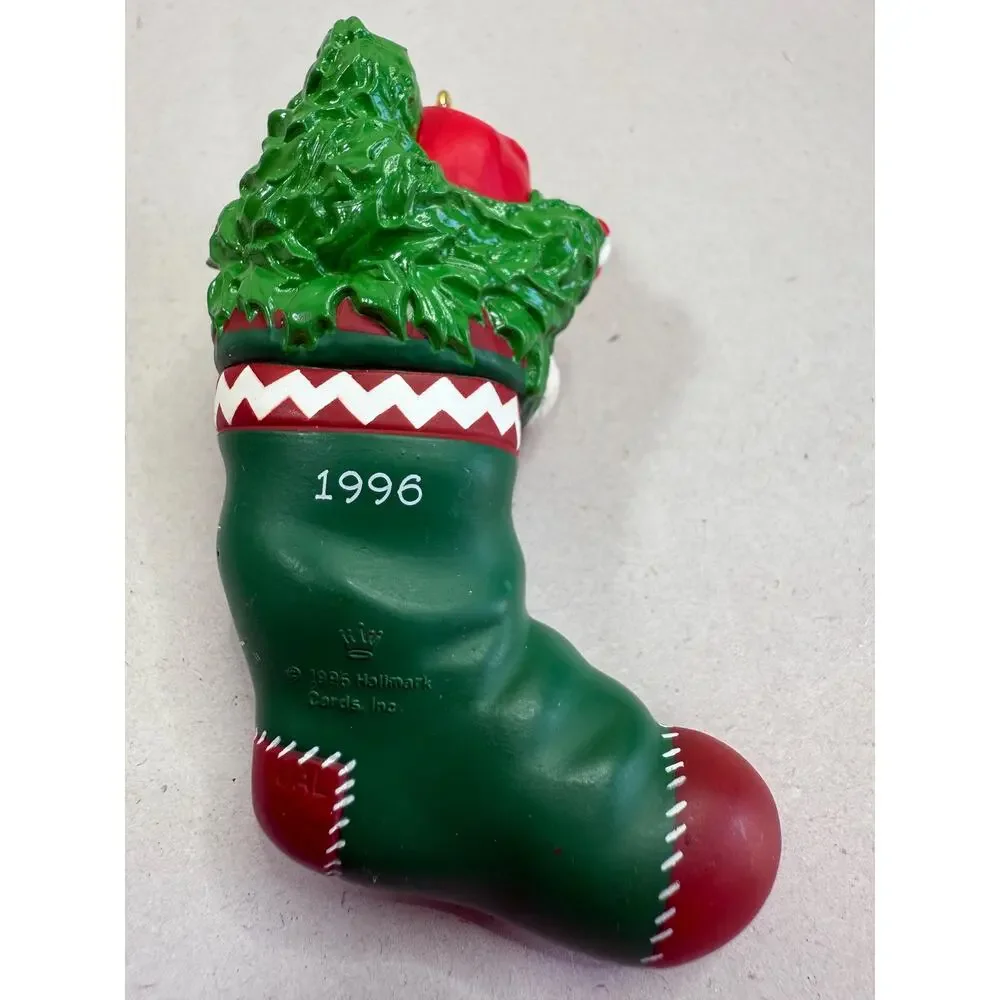 1996 Hallmark Christmas Stocking Ornament, Santa Face, Vintage Holiday Decor